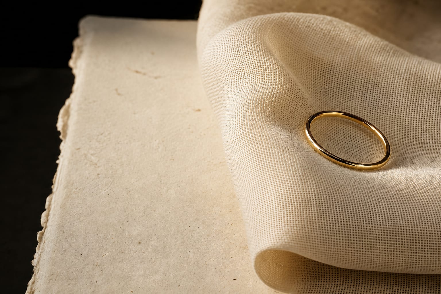 Een dunne gouden ring rust op een gevouwen ivoren linnen doek.